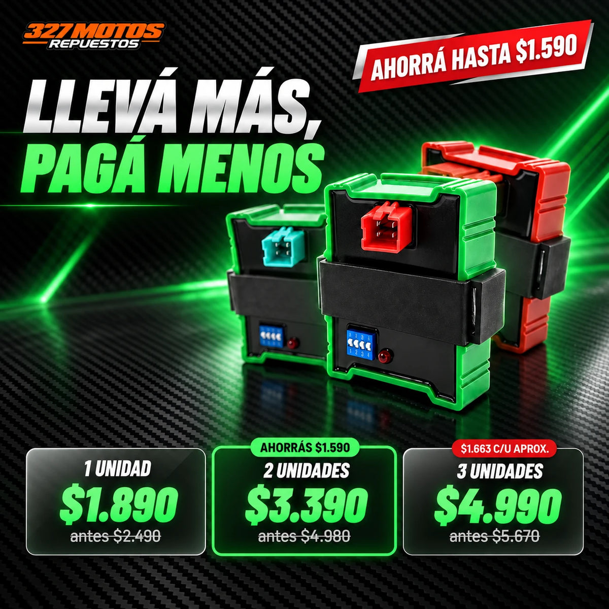 Packs CDI Zamosa V4 Plus: 1 unidad $1.890, 2 unidades $3.390, 3 unidades $4.990
